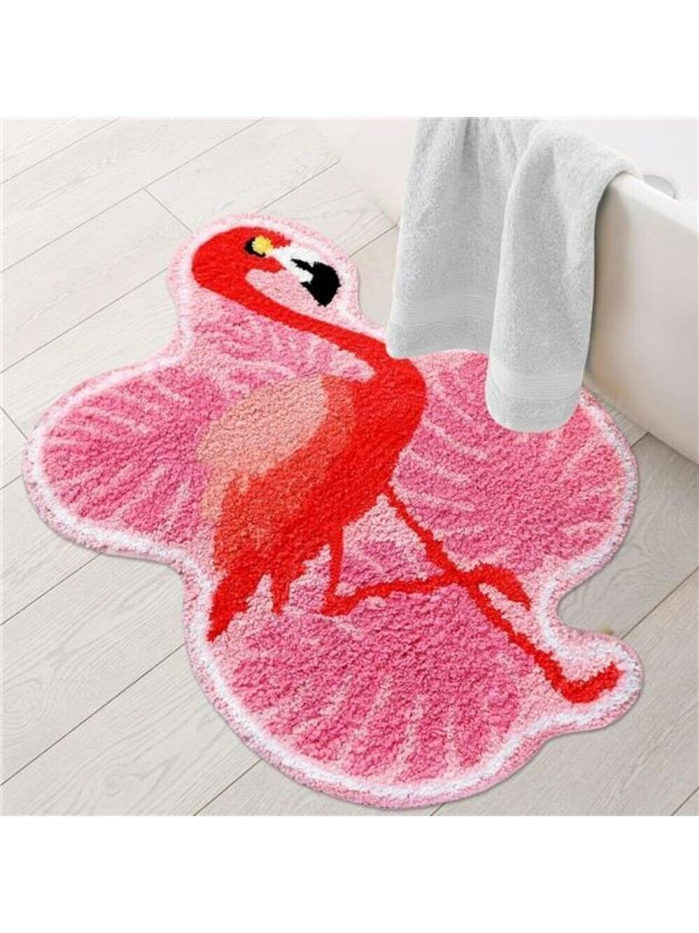Pink Flamingo Palm Bath Mat Tropical Tufted Non Slip Bathroom Rug Soft Floor Dec